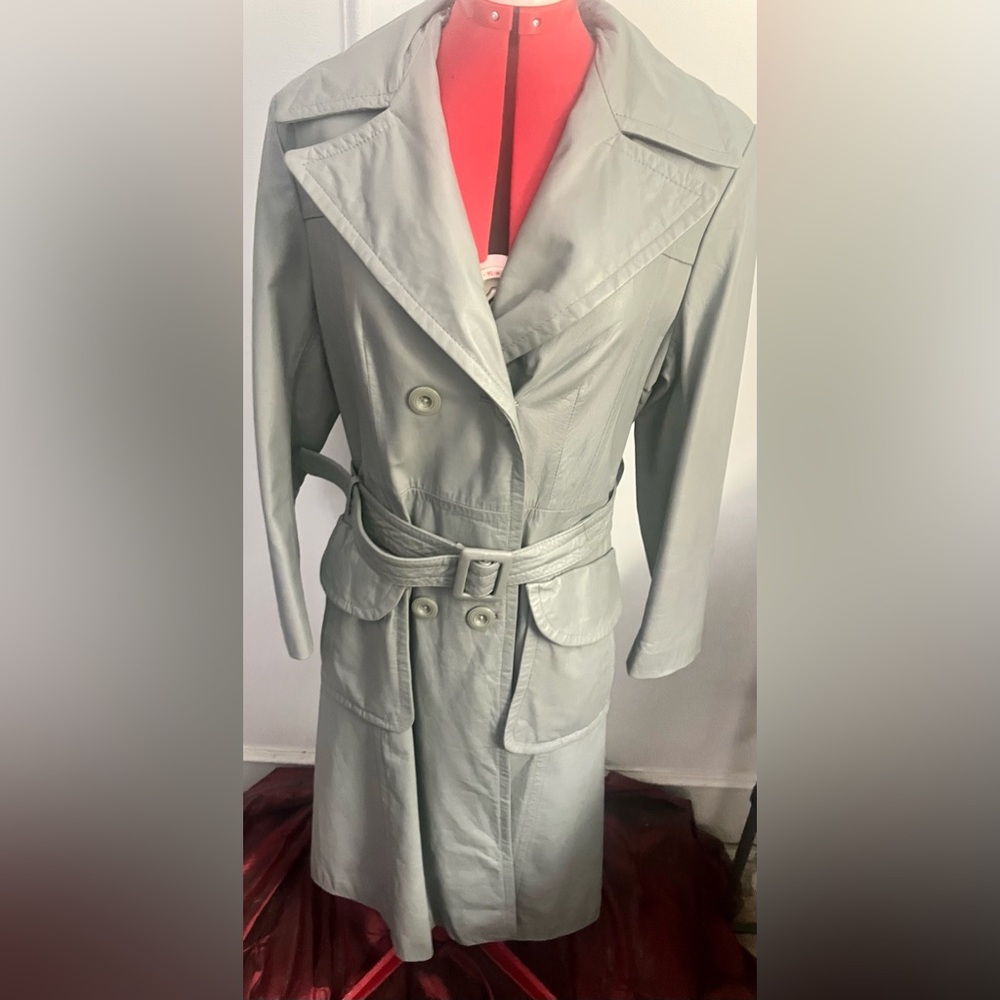 Vintage The Tannery Montgomery Wards Women's leather Gray Trench Coat size 13/14 - Picture 5 of 12